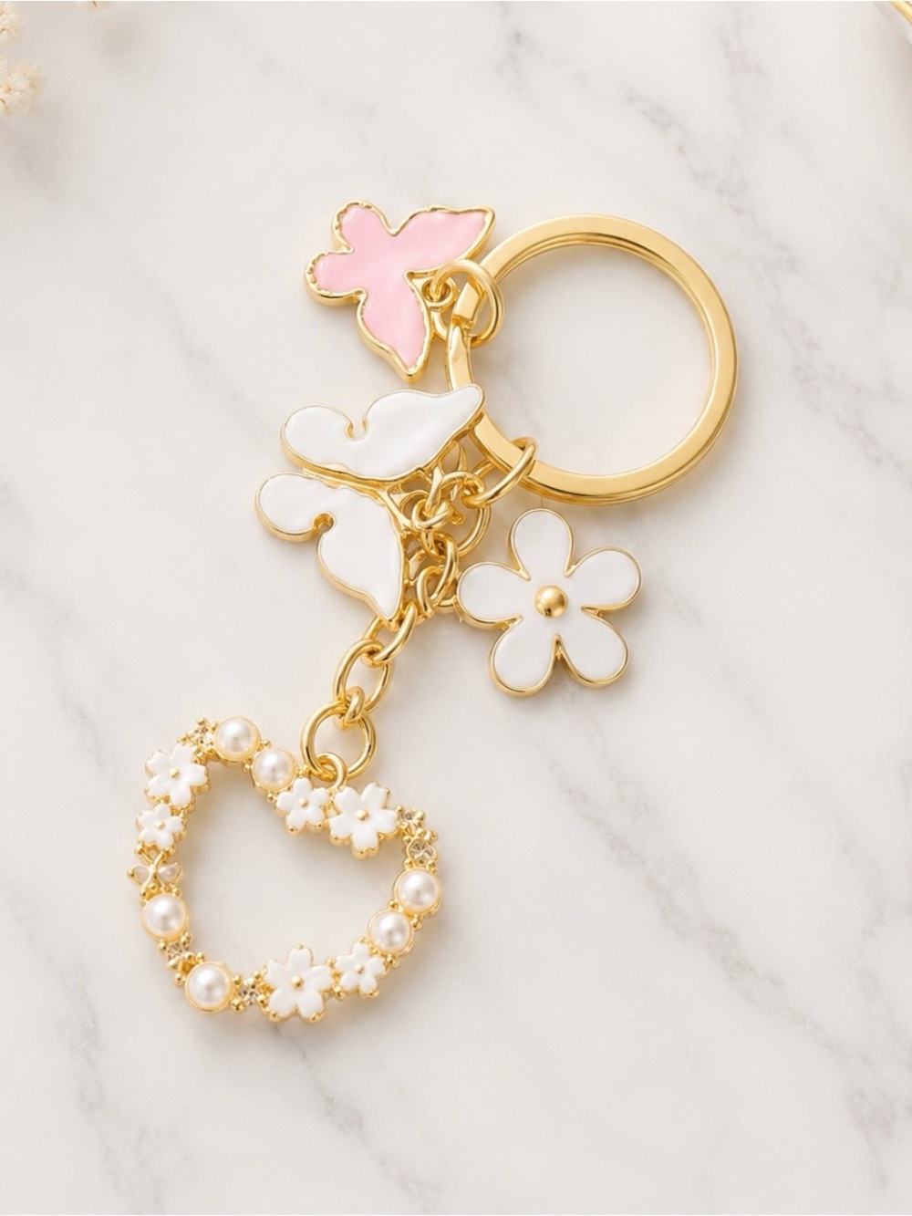 Bag Charm/Keyring-Pink & White Floral Heart Keychain-Gold Plated